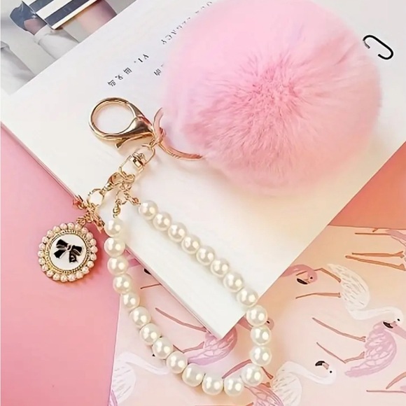Fuzzy Pink Pom and Pearl Bling Wristlet Keychain Bag Charm Coquette Backpack - Picture 1 of 2